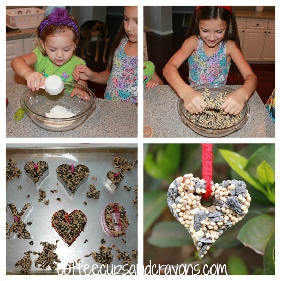 Kids making a Valentines Day treat for birds.